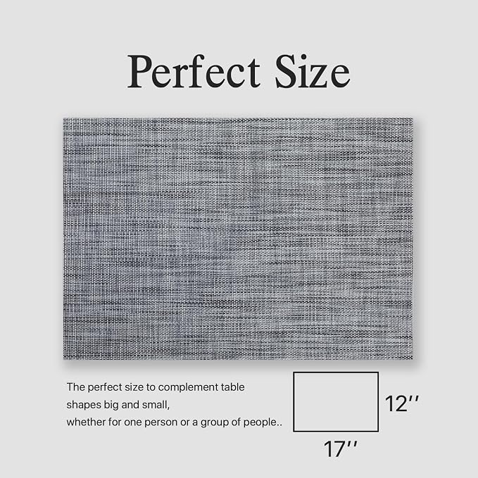 Placemats Set of 6 - Easy Clean Woven Vinyl Placemats for Dining Table, Indoor/Outdoor Place Mats, Washable PVC Table Mats（Dark Gray）