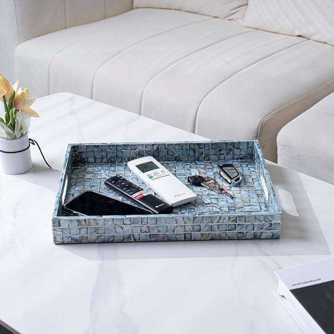 PEMAR Rectangular Mother of Pearl Serving Tray Nacre Wood Lap Ottoman Tray for Coffee Table, Luxury Decorative Handmade Eating Platters w Insert Handles (Blue)