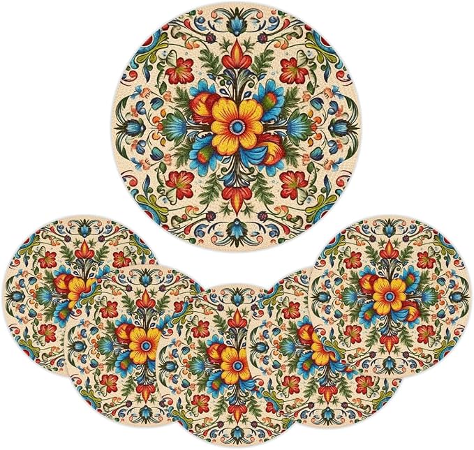 Round Placemats Set of 4, Carpet Pattern Woven Placemats Mats Non-Slip Heat Resistant Washable Table Mats Round Braided Place for Farmhouse Kitchen Dining Party Decor 15in