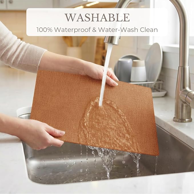 Romanstile Vinyl Placemats Set of 8-12 X 17 Inch - Faux Leather 100% Waterproof Wipeable Anti Slip Place Mats, Heat Resistant Reversible PU Table Mats for Kitchen Dining Party Outdoor, Orange
