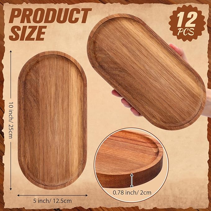 Geetery 12 Pcs Acacia Wooden Serving Trays 10 Inch Oval Wood Platter Wooden Serving Platter Oval Charcuterie Plates Board Cheese Plate Fruit Wood Tray Acacia Cheese Board for Dessert Appetizer