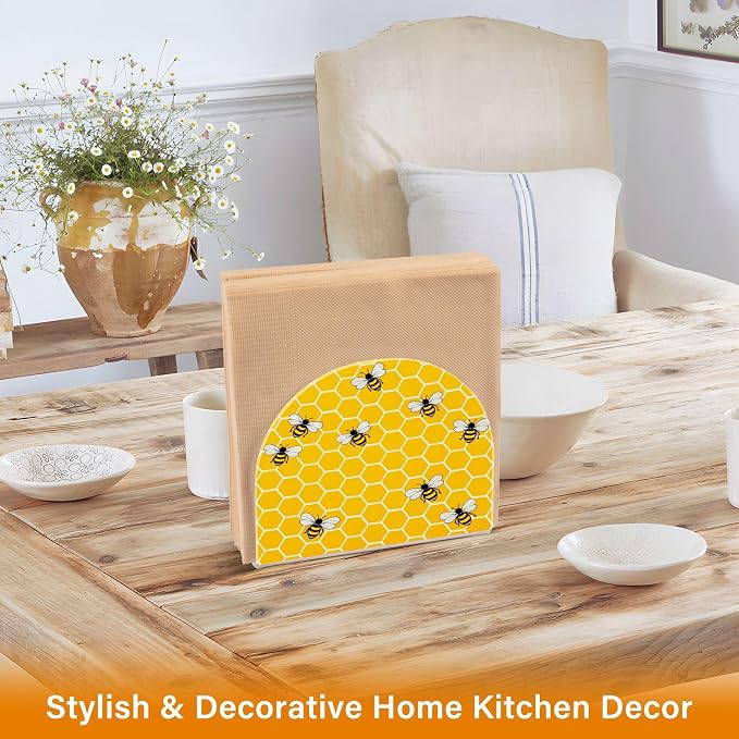 Yellow Bees and Honey Napkin Holder for Tables Paper Cocktail Napkin Holders for Kitchen and Dinning, Acrylic Dinner Napkin Dispenser for Restaurant Home Decor Bar Accessories 1 Pack