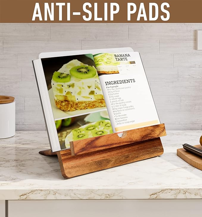 Acacia Cookbook Stand for Kitchen Counter - 12" x 12" Large Adjustable Non-Slip Acacia Wood Book Stand for Cookbooks - Collapsible for Easy Storage - Extra Large Recipe Book Holder for Kitchen Counter