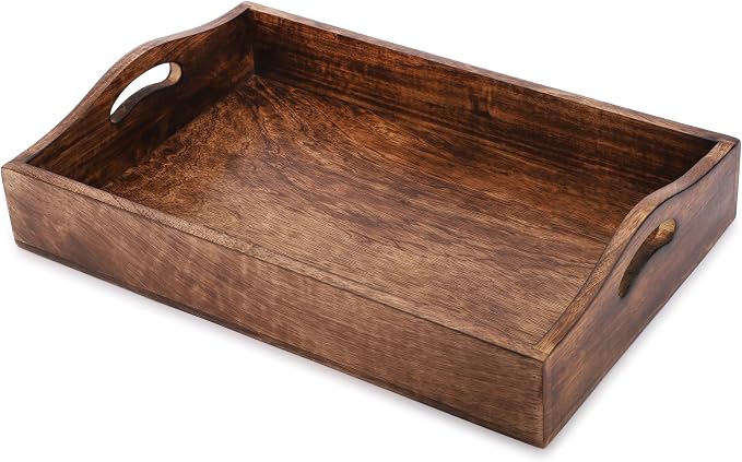 Ajuny Set of 3 Wooden Serving Tray with Handles Decorative Solid Plain Style Handcrafted Rectangular Platter for Snacks Coffee Tea and Versatile Kitchen & Home Gift (15.7x11, 13.7x9.9, 11.4x8 Inch)