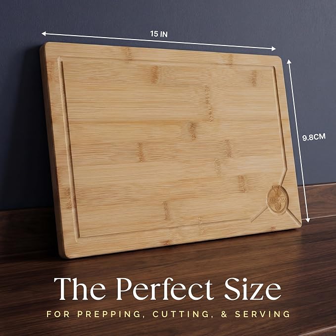 Deer & Oak Large Bamboo Chopping Board 15" x 9.8" x 0.8", Premium Wooden Kitchen Cutting Board for Meat & Vegetables, Pre-Oiled, Water Resistant, Knife-Friendly