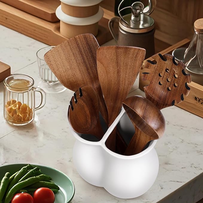 2026 Upgraded Vintage Kitchen Utensil Holder - Ceramic Utensil Crock Dual Compartment Curved, Modern Countertop Organizer for Farmhouse/Rustic Kitchen Decor(Matte White)