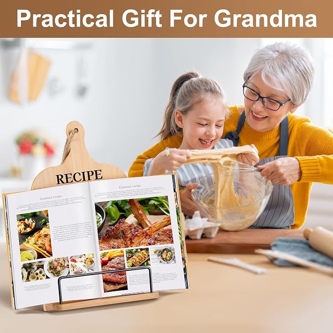 Christmas Gifts for Grandma Retirement Gifts Cookbook Stand Bamboo Recipe Book Holder Kitchen Gifts for Women Adjustable Non-Slip Cook Book Stand for Kitchen Counter