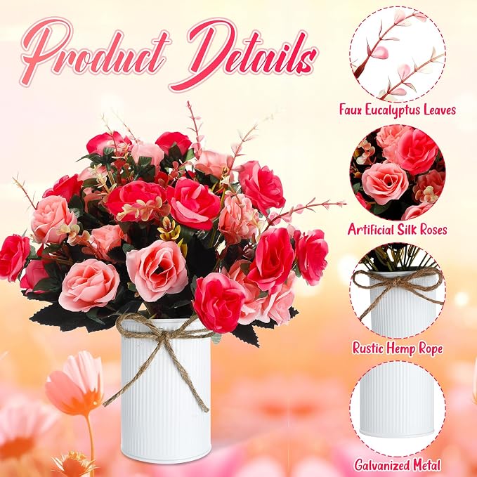 Domensi 6 Sets Wedding Centerpiece for Table Artificial Rose with Vase Fake Bouquets and Metal Pot Flower Arrangements for Bridal Shower Birthday Party Event Table Decor (Rose Red)