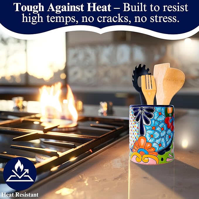 Talavera Utensil Holder - Hand Painted Ceramic Spoon Crock - Colorful Utensil Crock - Large Mexican Spoon Rest 6" H (Cobalt Blue)