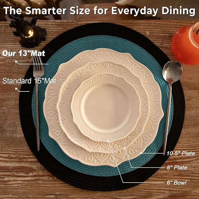 FunWheat Round Braided Placemats Set of 6 Place Mats for Dining Tables Woven Washable Non-Slip Table mats Small 13 inch(S Teal, 6pcs)