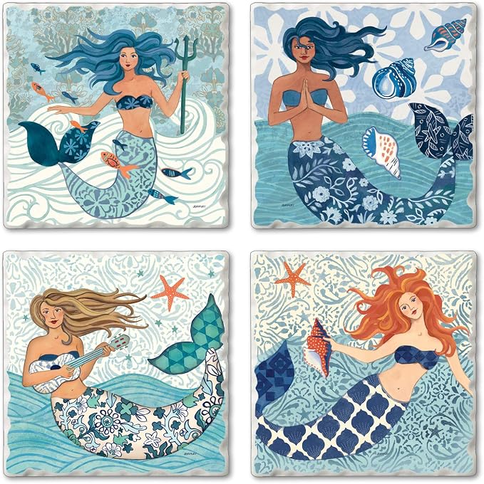 Thirstystone Mermaid Island 4 Pack Assorted Tumbled Tile Stone Coasters with Protective Cork Backing Manufactured in The USA Absorbent Easily Wipes Clean