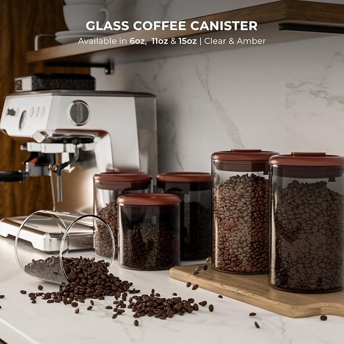 Clear Glass Coffee Canisters 2-Pack with One-Way Valves - Airtight Jars for Pantry Organization - Bulk Storage for Coffee Beans, Cereal, Sugar, Countertop Kitchen Canisters, 15OZ