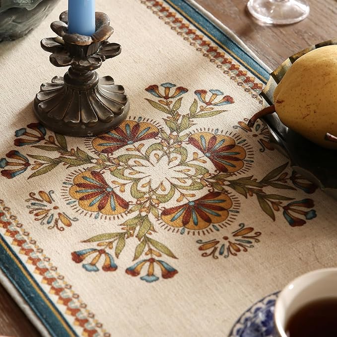 patdrea Designer Beige Farmhouse Geometric Patterned Linen Table Runner 71 Inch Long,Wrinkle Resistant Table Mat,Decoration for Kitchen Dining and Coffee Tables Banquet Christmas , 12"x71"