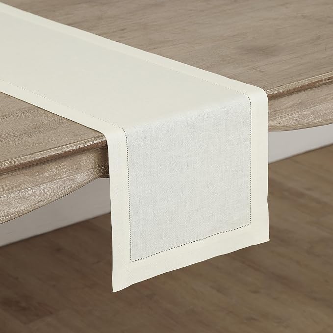 Solino Home Linen Ivory Table Runner 48 Inches - Classic Hemstitch, 100% Pure Linen Coffee Table Runner 14 x 48 Inch Ideal for Dresser Tables - Summer