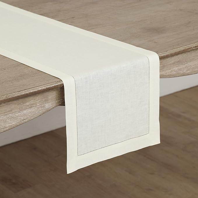 Solino Home Linen Ivory Table Runner 144 Inches Long - 100% Pure Linen Extra Long Table Runner 14 x 144 Inch for Summer - Classic Hemstitch