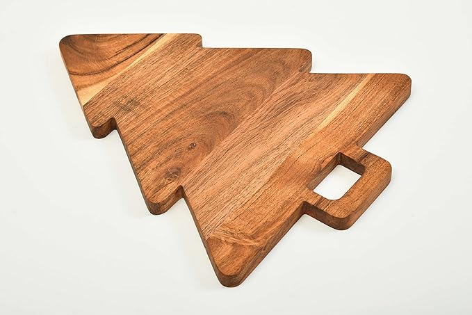 Treen Art Wooden Christmas Tree Cutting Board for Kitchen Decor, 14"L x 11"W Tree Shaped Acacia Wood Chopping Board with Handle, Serving Charcuterie Platter