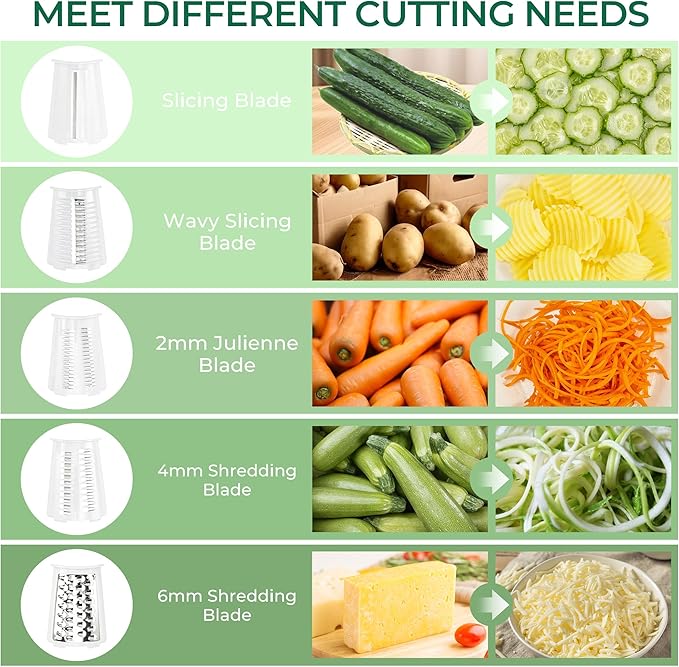 SUSTEAS Rotary Cheese Grater with Handle - Vegetable Shredder with 5 Well-designed Blades & Strong Suction Base,Round Mandoline Slicer & Food Chopper for Kitchen,with Blade Storage Box(White)
