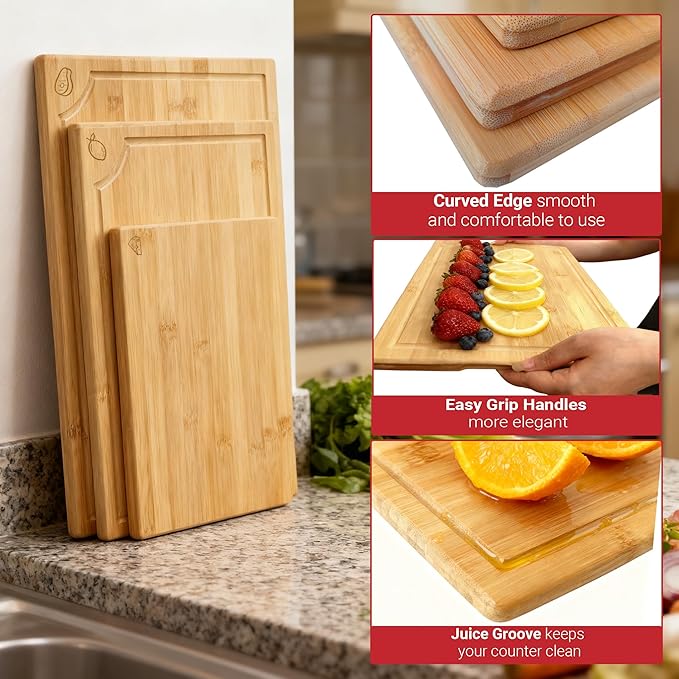 Large Bamboo Cutting Board 3 Piece Set with Juice Groove & Handle - Non Toxic Wood Charcuterie Board & Butcher Block for Meat, Veggies Fruit & Cheese - Kitchen Gift Set by Homish