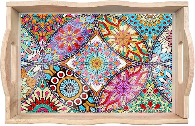 Generic DIY Diamond Serving Tray Rectangular Upgrade Increase Breakfast Tray with Handles Handmade Diamond Art Painting Wooden Tray Dinner Plate for Coffee Living Room Home Organizer-Mandala01