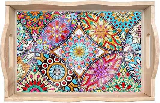 Generic DIY Diamond Serving Tray Rectangular Upgrade Increase Breakfast Tray with Handles Handmade Diamond Art Painting Wooden Tray Dinner Plate for Coffee Living Room Home Organizer-Mandala01