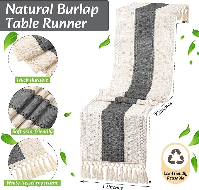 Boho Placemats 4/6/8 Set of Round Woven Placemat Macrame Style Bicolor Stitching Long Table Runner Farmhouse Rustic Natural Burlap Cotton for Kitchen Dining Table (6 Sets,Gray,12x72)