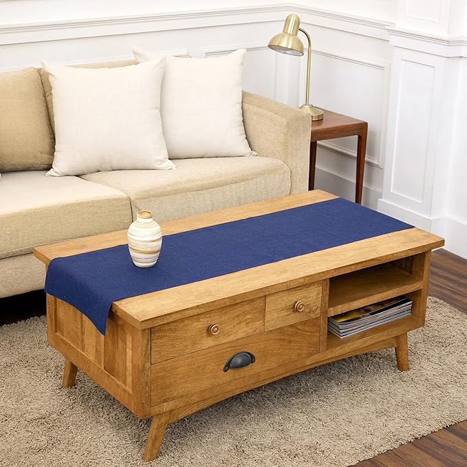 Solino Home Linen Table Runner 48 Inches - 100% Pure Linen Chambray Navy Table Runner 14 x 48 Inch Ideal for Dresser and Coffee Tables - Spring, Summer, 4th of July - Athena