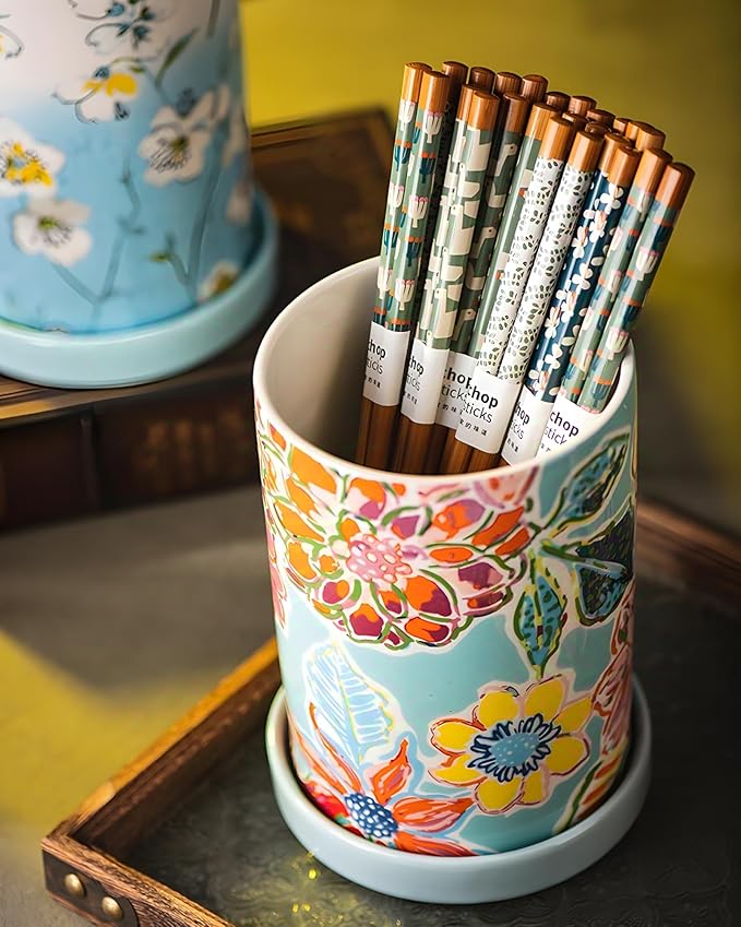Utensil Holder for Kitchen Counter, Large Ceramic Utensil Holder Crock with Drain Tray, Hand-Painted Floral Rustic Farmhouse Kitchen Crock, Perfect for Women, Christmas, Hostess Gifts & Fall Decor
