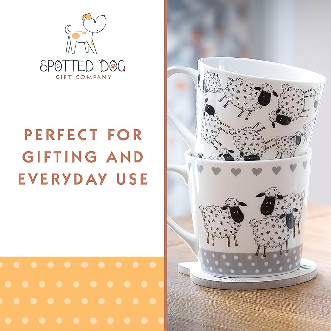 SPOTTED DOG GIFT COMPANY Animal Mugs, 13 oz Coffee Mug Set of 4, Ceramic Tea Cups with Black & White Sheep Designs, Microwave & Dishwasher Safe, Sheep Gifts for Women & Men