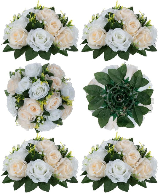 Flower Balls Wedding Flower Centerpieces: 6 Pcs Fake Roses with Base Table | Champagne White Artificial Floral Arrangements Decorations - Faux Silk Kissing Flower Bouquet of Roses Home Party DIY Decor