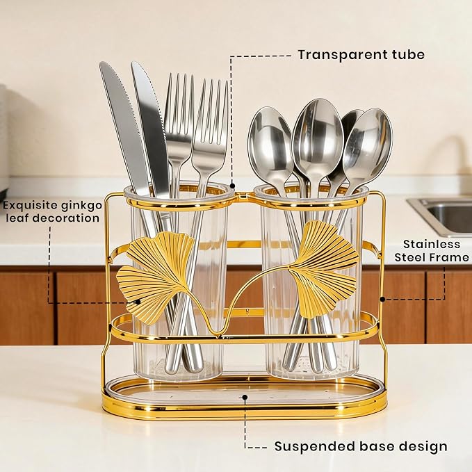 Transparent Double Barrel Square Cup Utensil Holder for Kitchen Counter, Large Capacity Silverware Caddy with Drainage System, Rust Resistant Freestanding Utensil Crock(Double barrel square cup)