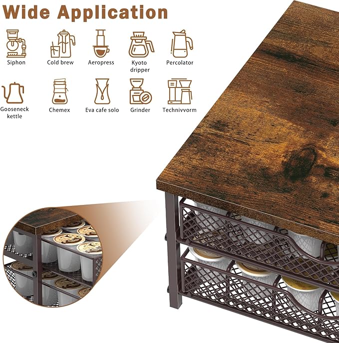 SHINOSKE K Cup Holder,2-Tier Coffee Pod Drawer Holder with Sliding Metal Basket,72 Capacity Coffee Capsule Pod Storage Organizer for Home office,Kitchen Counter,Brown