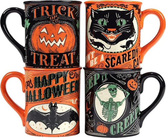 Halloween Mugs Set of 4 – Spooky Ceramic Coffee Cups with Vintage Trick or Treat Designs – Black Cat, Skeleton, Pumpkin & Bat – Fun Scary Tea or Cocoa Cups for Halloween Parties & Décor