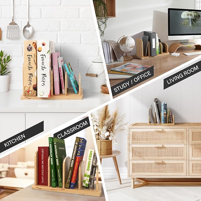 Cook Book Organizer, 4 Sections, Recipe Book Holder Rack, Tabletop Stand for Convenient Cookbook Storage, Vertical Cook Book Stand Kitchen, Binder Holder for Desk & Countertop (Bamboo)