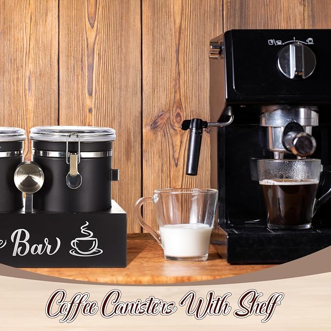 Maxcheck 2 Pcs 66 oz Coffee Sugar Canisters with Shelf & Scoop, Easter Gifts Airtight Stainless Steel Container with Lids, Home Kitchen Food Storage Jars for Grounds, Beans, Tea, Cereal(Black)