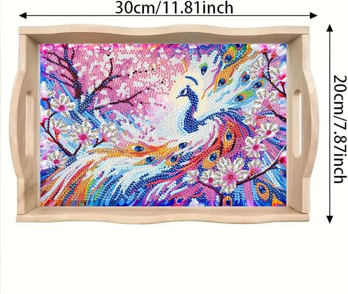 DIY Diamond Serving Tray Rectangular Wooden Breakfast Tray with Handle Handmade Diamond Art Painting Spring Creative Dinner Plate Coffee Room Living Home Organizer-Peafowl