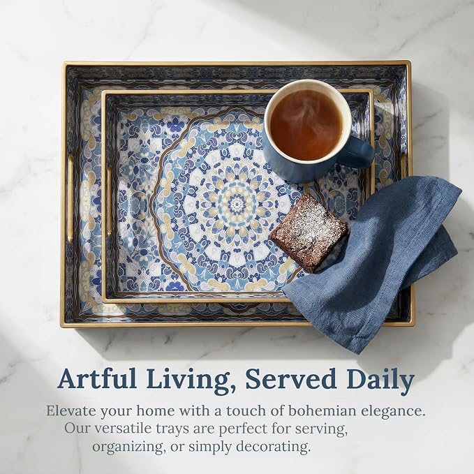 Boho Decorative Tray, Modern Blue Serving Tray with Handles, Ottoman Trays Set of 2, Plastic Coffee Table Tray for Living Room, Bathroom, Kitchen, Decor, Large 15.7”*11.8”, Small 13.7"*9.8"