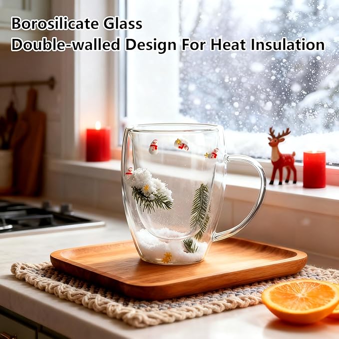 Christmas Glass Coffee Mugs Set Of 4-12oz Double Wall Insulated High Borosilicate Glasses Mugs With Handle For Latte,Cappuccino,Tea Bag
