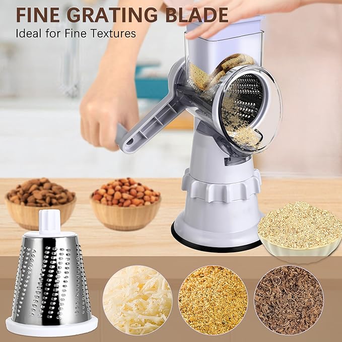 Rotary Cheese Grater Hand Crank, Vegetable Slicer with 3 Blades, Stable Suction, Labor-Saving Handle, Cheese Shredder for Potato Vegetables Nuts Chocolate, White