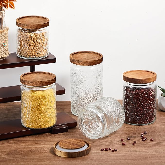 Gerrii 5 Pcs Vintage Glass Food Storage Containers 17/24/34 oz Glass Jar with Lid Airtight Candy Food Canisters for Kitchen Counter Pantry Coffee Beans(Clear,Sunflower Round)