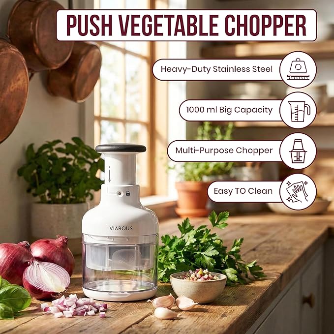 Manual Vegetable Chopper, Food Slicer, Garlic Chopper, Best for Vegetables Salads, Onion, Fruits, And Nuts. Dishwasher-safe, White, Easy to Clean