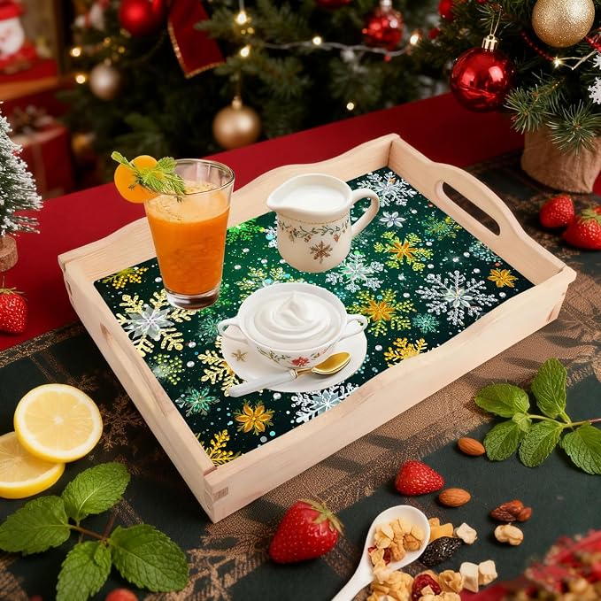 BAYUNOE DIY Diamond Serving Tray Christmas Rectangular Breakfast Tray with Handle Handmade Diamond Art Painting Wooden Tray for Dinner Plate Coffee Room Living Home Organizer-Snowflake