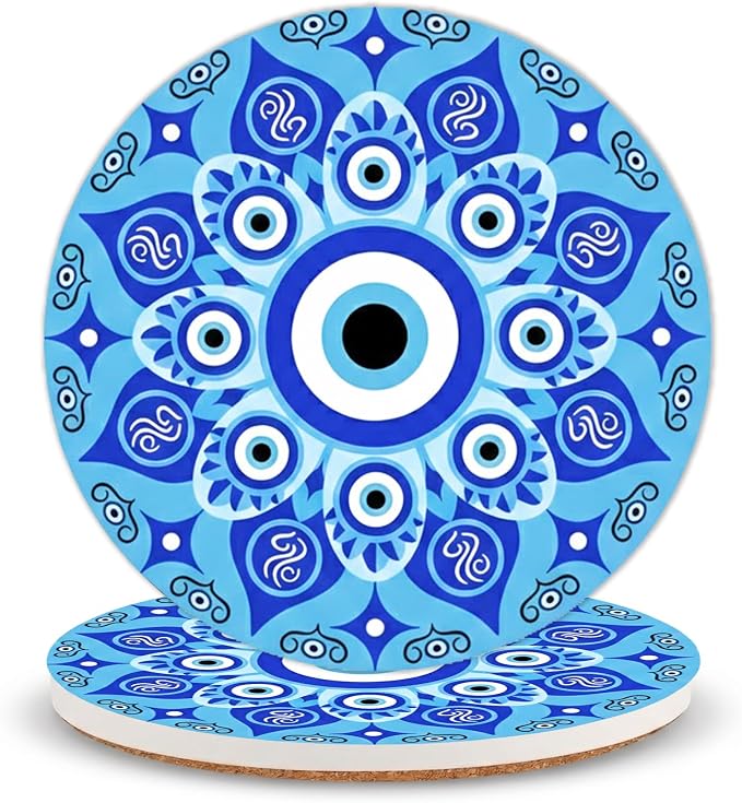 Mandala Evil Eye Ceramic Coasters of 2 with Cork Backing Absorbent Coaster | Non-Slip Coasters for Drinks and Coffee Table Office Desk Home Decor, Gifts for Evil Eye Lovers, Mom, Boho Decor Fans