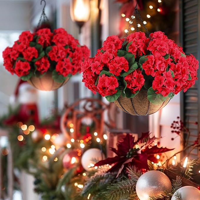 Hananona 24 Pcs Artificial Geranium Flowers for Outdoors Geranium Silk Red Flowers Outdoor UV Resistant Garden Plants Faux Flower for Christmas Home Kitchen Table Centerpieces Decor (24, Red)