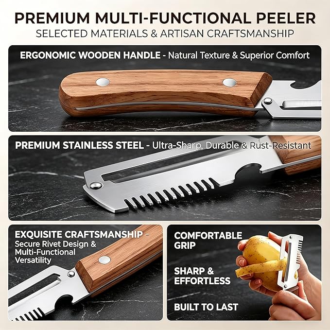 3-in-1 Multifunctional Vegetable Peeler with wooden grip, integrated grater and bottle opener. Practical kitchen tool for peeling, grating and opening bottles, perfect for fruits & vegetables. (1 PCS)