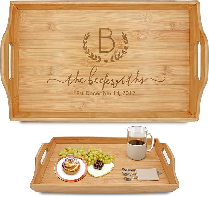 Personalized Bamboo Wood Serving Tray with Handles, Engraved Wooden Trays, Wedding Gifts, Housewarming Gifts (The Beckwiths)
