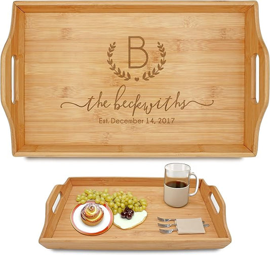 Personalized Bamboo Wood Serving Tray with Handles, Engraved Wooden Trays, Wedding Gifts, Housewarming Gifts (The Beckwiths)