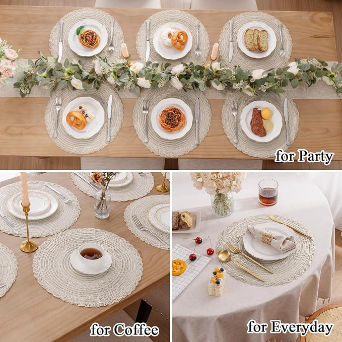 SHACOS 15 inch Round Braided Placemats Set of 12 for Dining Table Woven Boho Place Mats Kitchen Placemat Washable Table Mats, Ivory Bordered