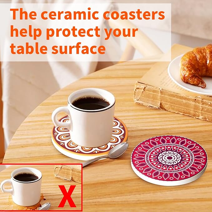 Drink Coasters with Holder Set of 8 Ceramic Boho Mandala Coasters for Drinks Absorbent Stone with Cork Base Colorful Decor for Coffee Beer Mugs Glasses Cups Housewarming Table Desk Protection