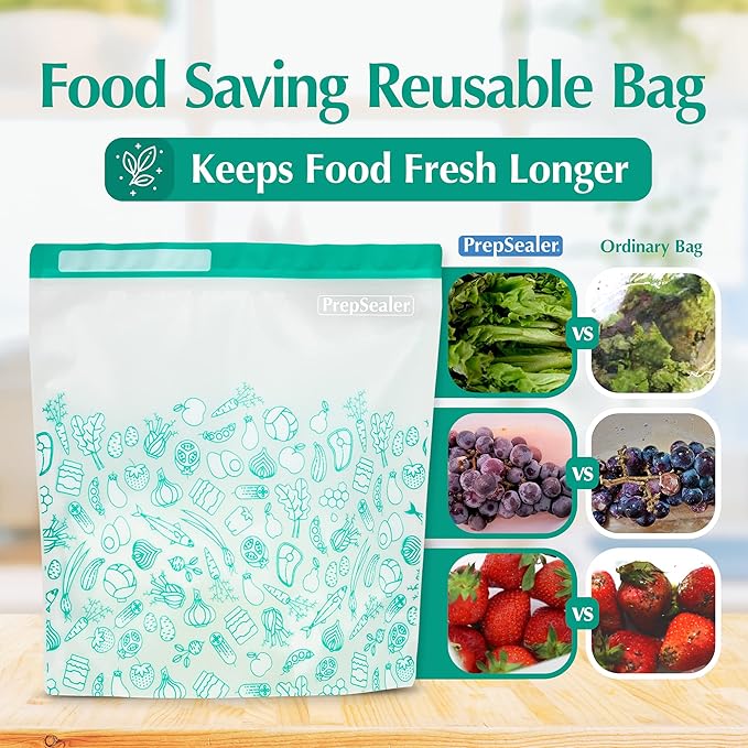 PrepSealer Reusable Food Storage Bags – Keep Fruits, Veggies & Meats Fresh Longer -10 Pieces (3 S, 3 M, 4 L)