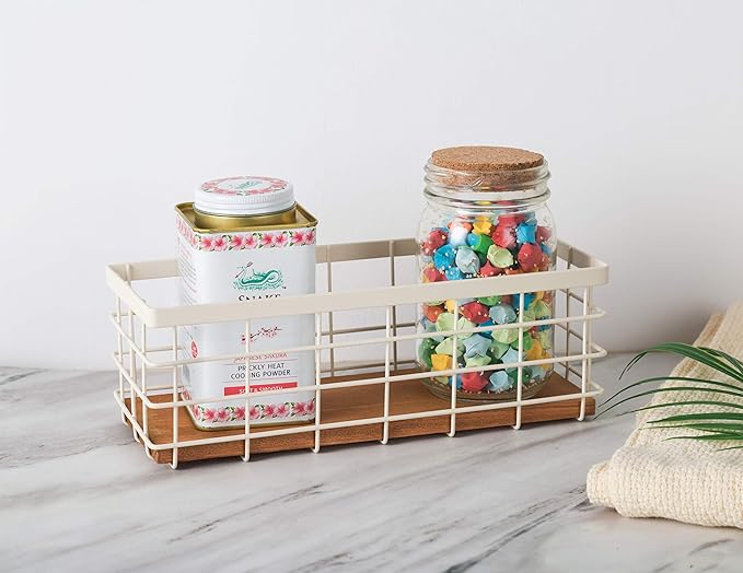TIEYIPIN Small Metal Wire Storage Basket, Detachable Wood Base Storage Organizer Bin Basket for Kitchen Cabinets, Bathroom, Pantry, Garage, Laundry Room (Cream White, 2 Pack)